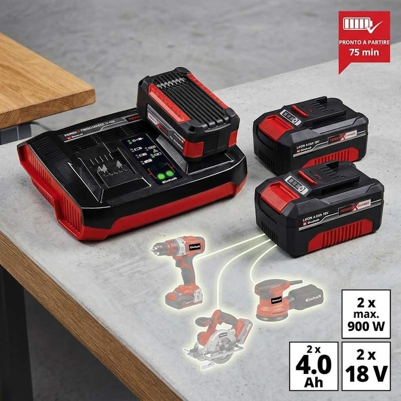Einhell set 2 Batterie 18V 4,0 Ah+Caricabatterie Rapido